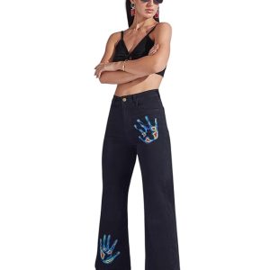 Miss Chase Womens Wide Leg High Rise Hand Painted Skeleton Art Stretchable Denim Jeans