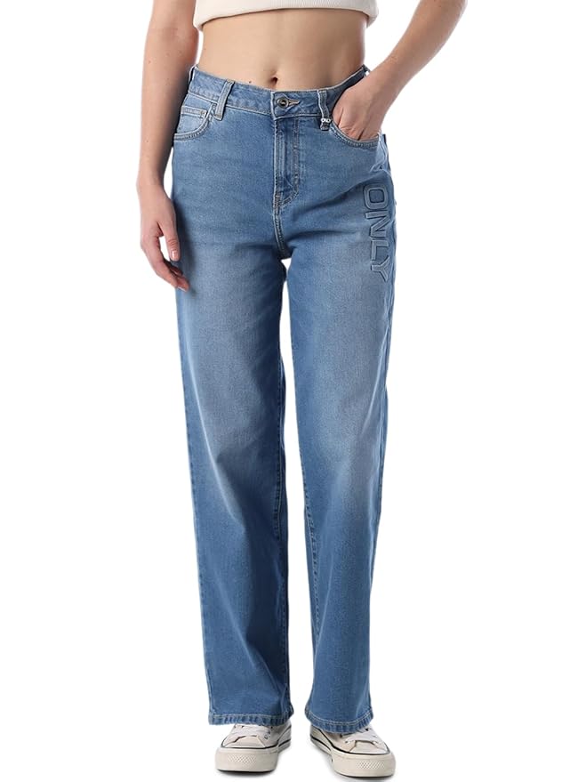 ONLY Women Typographic Straight Fit High-Rise Blue Jeans