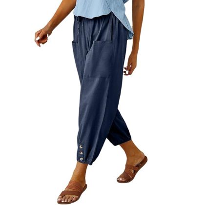 Women’s Casual Lantern Tapered Harem Pants Loose Fit Style Flax Ankle Trousers Summer Baggy Slacks with Pocket