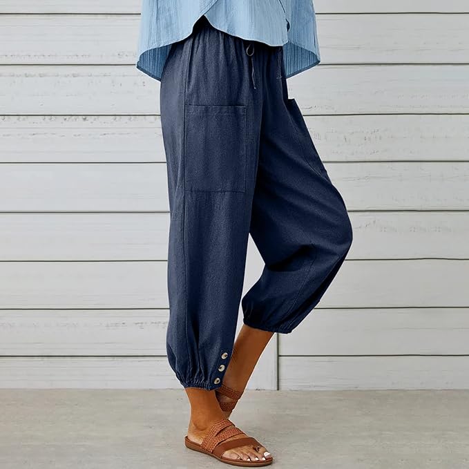 Women's Casual Lantern Tapered Harem Pants Loose Fit Style Flax Ankle Trousers Summer Baggy Slacks with Pocket - Image 2